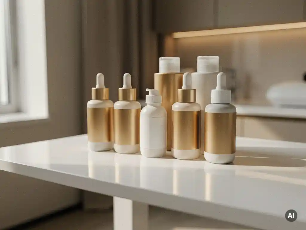 Elegante cosmetische serums en huidverzorgingsflesjes op een witte klinische plank, zacht verlicht door natuurlijk raamlicht.
