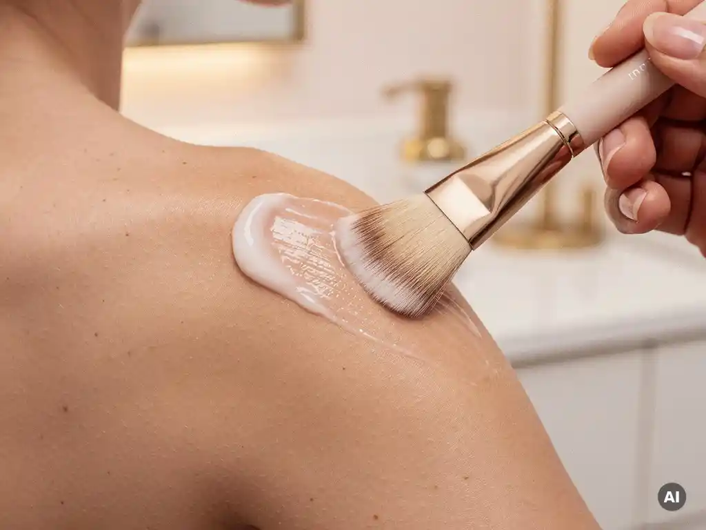 Enzympeeling serum met zachte kwast aangebracht op een vrouwenschouder in een behandelkamer, parel-witte crèmetextuur in warm studiolicht.