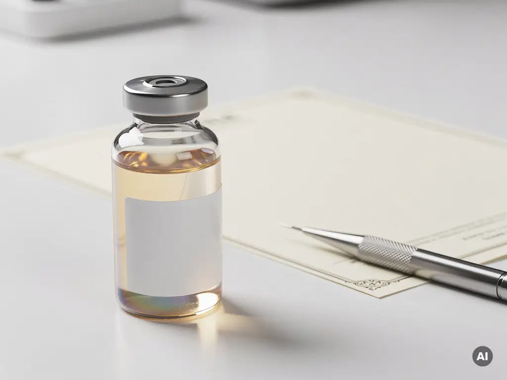 Glazen injectieflacon met opalescent exosomenserum naast een certificeringsdocument en roestvrijstalen kwaliteitsinspectie-instrument op wit klinisch oppervlak.