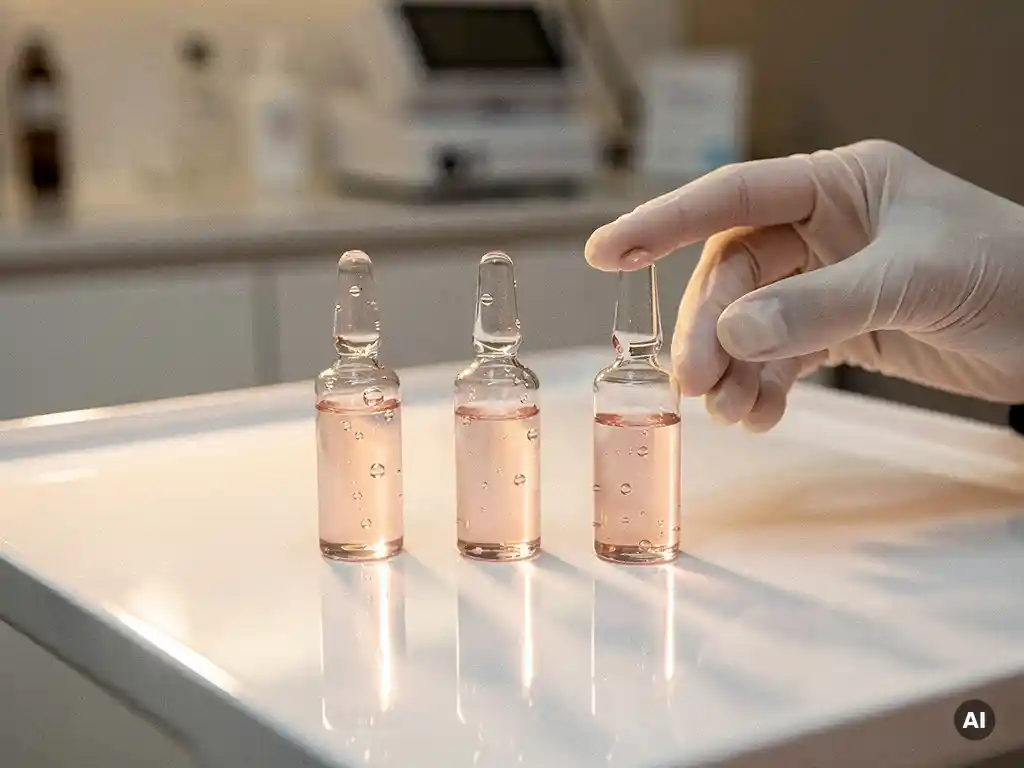 Handgeschoende estheticus rangschikt drie glazen flacons exosoom serum op een wit klinisch dienblad, verlicht door warm zijlicht.