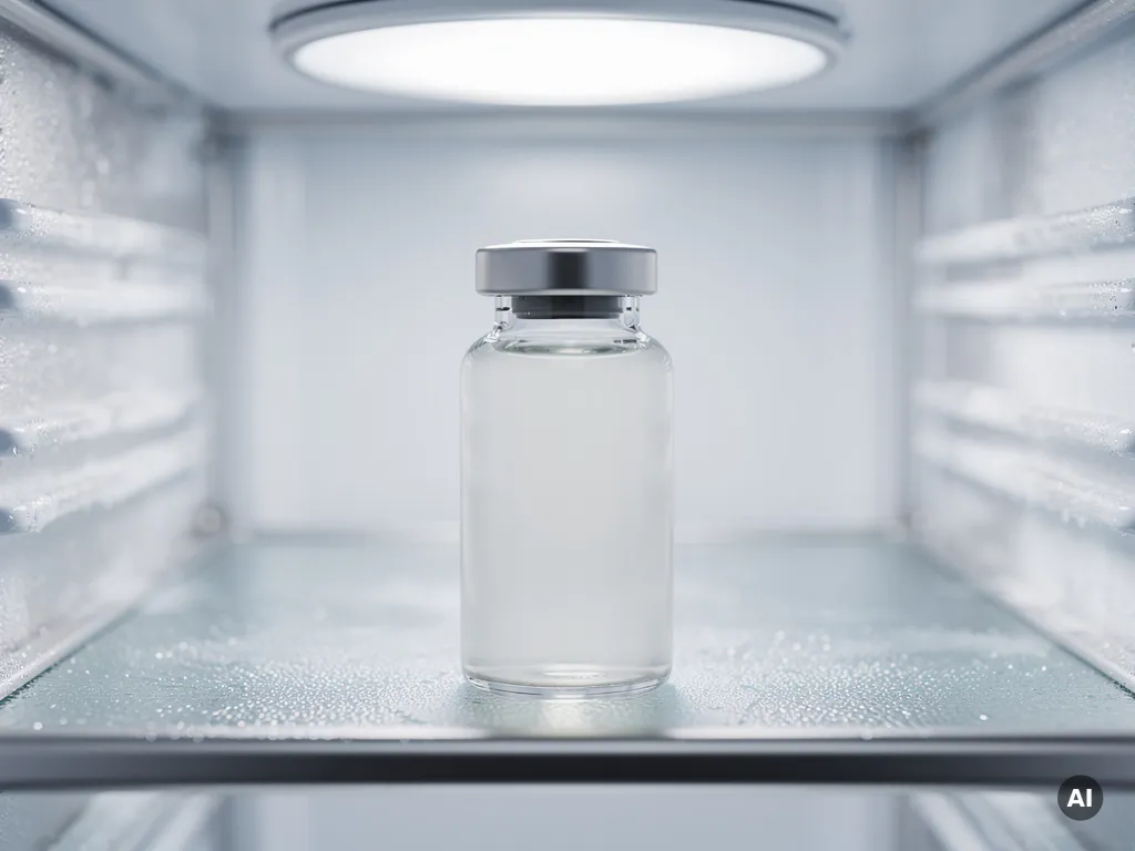 Glazen injectieflacon met exosoomserum in gekoelde klinische opslag, omgeven door berijpte metalen planken en condensatie.