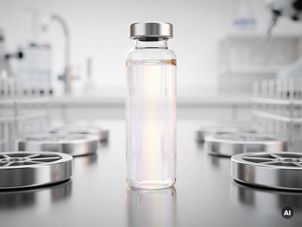 Glazen flesje met opalescent exosomenserum in laboratorium, omringd door centrifugebuizen en filtratiemembranen op roestvrijstalen werkblad.