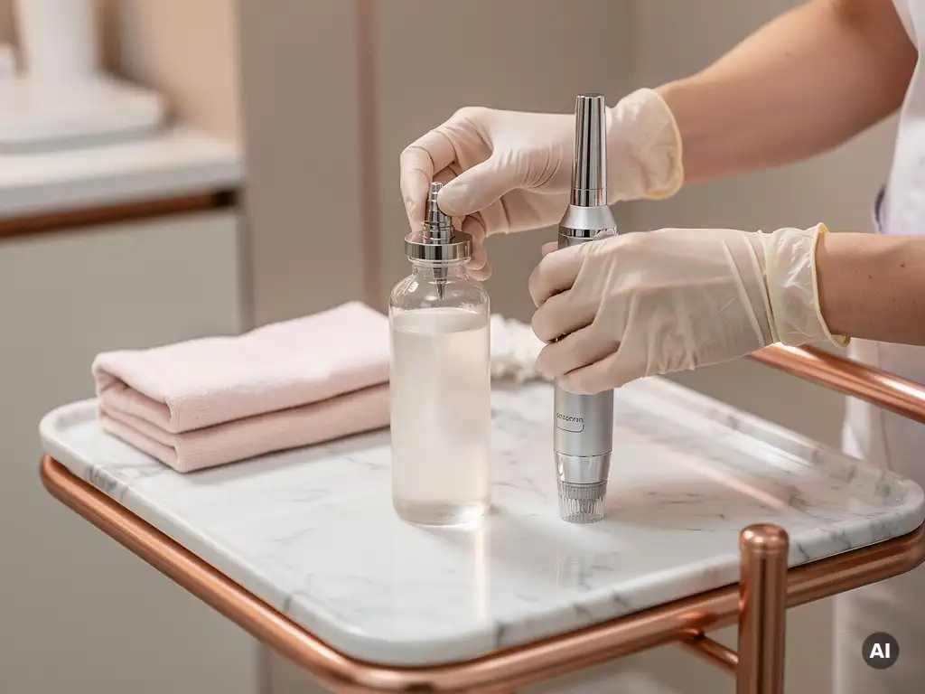 Glazen serumfles met exosomenoplossing naast microneedling-apparaat op marmeren behandelblad in medische esthetiekkliniek.