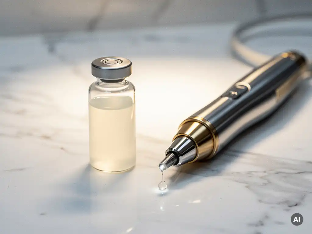 Glazen ampul met opalescente exosomenserum naast een RF-microneedling handstuk op marmeren ondergrond, verlicht door klinisch spotlicht.