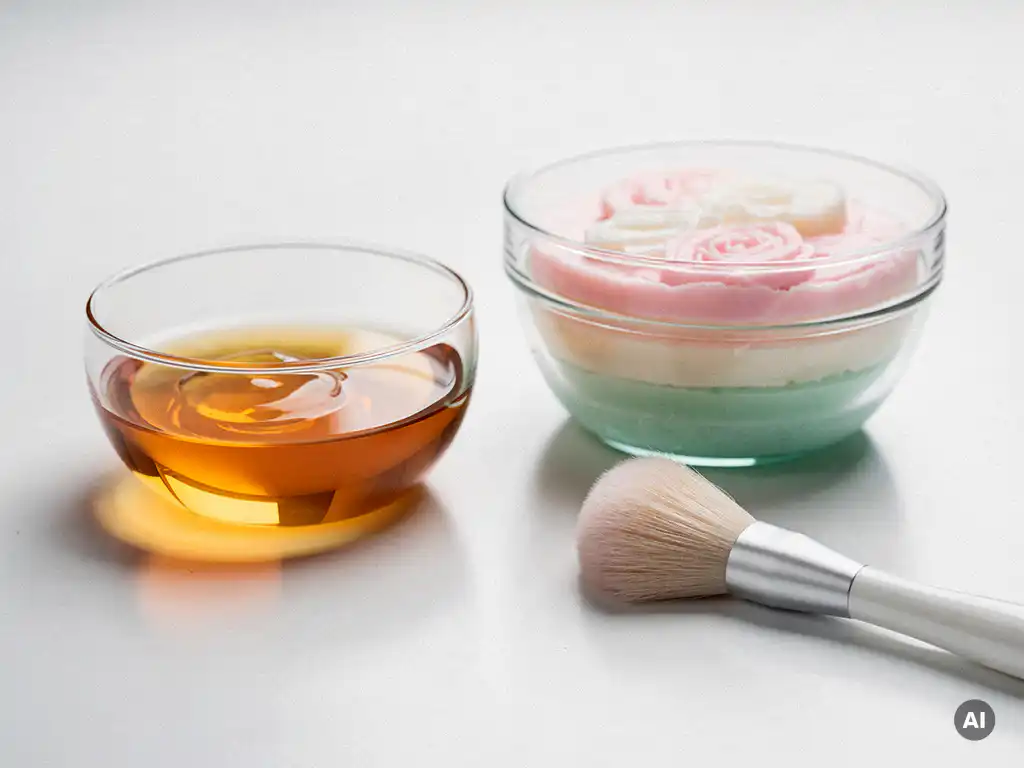 Twee glazen schaaltjes met amber serum en gelaagde peeling-oplossingen naast een zachte gezichtsborstel op wit oppervlak.