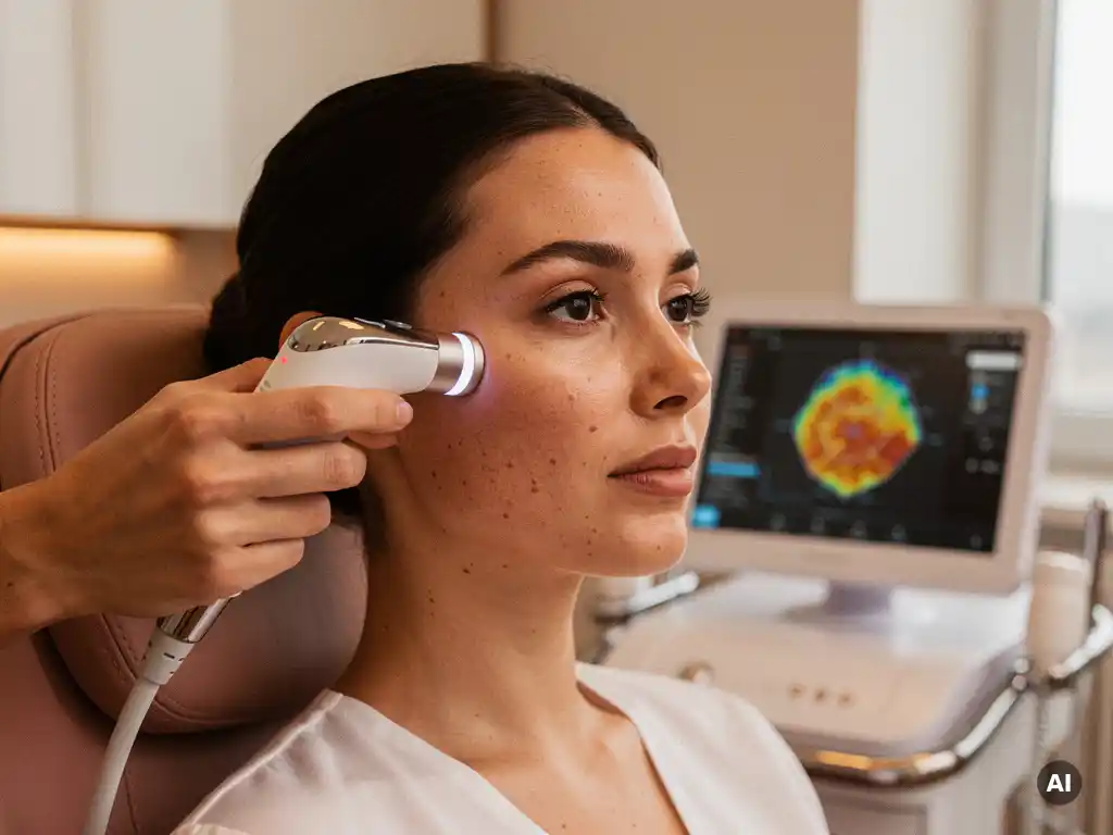 3D huidanalyseapparaat scant het gezicht van een vrouw in een medisch-esthetische behandelkamer met porie- en textuurmapping op monitor.