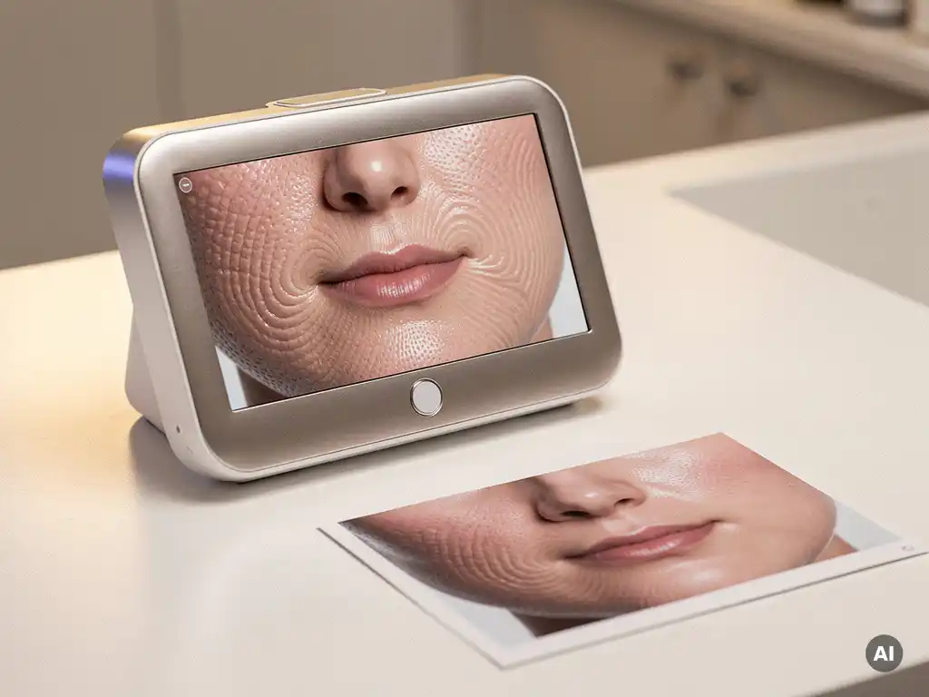 3D huidanalyseapparaat met topografische gezichtsscan naast een 2D huidfoto op een witte klinische toonbank.