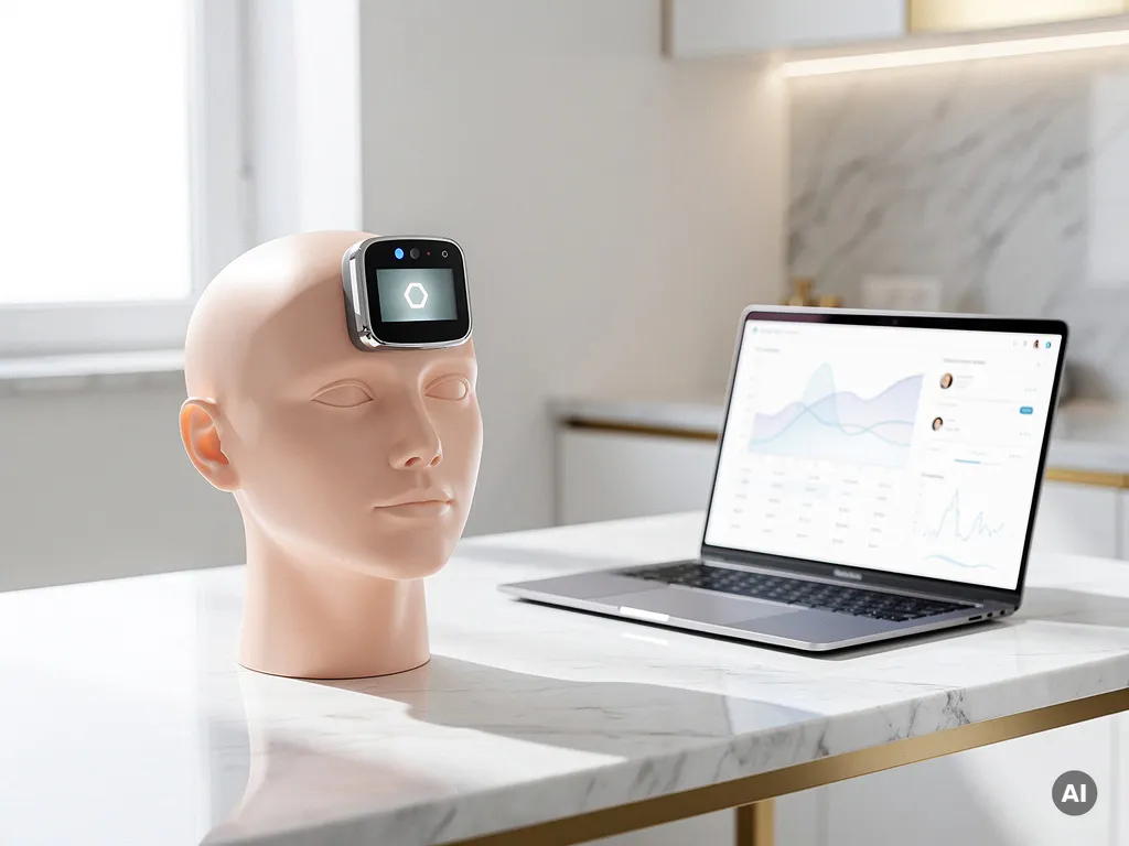 3D huidanalyseapparaat dat een gezichtsmodel scant op een klinische behandeltafel, met een laptop met patiëntgegevens ernaast.