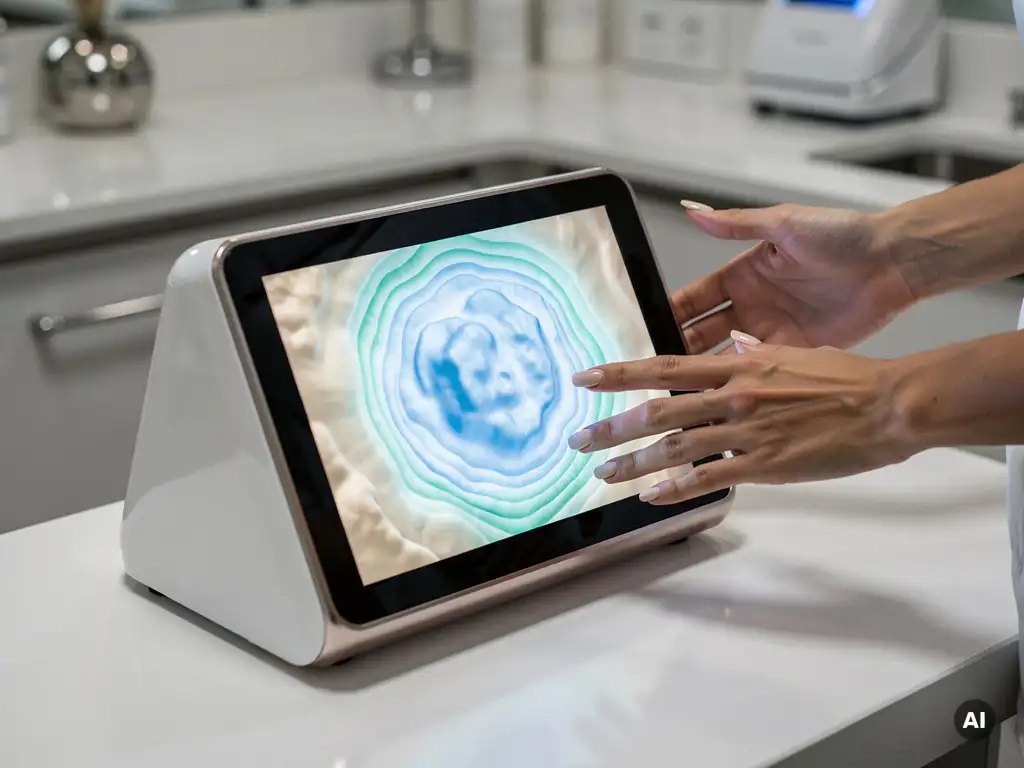Huidtherapeut wijst naar topografische huidanalyse op 3D-scanapparaat in medisch-esthetische kliniek.