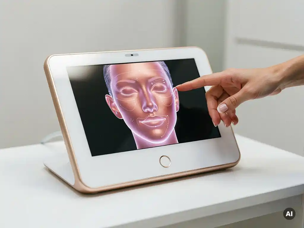 3D huidanalyseapparaat met gedetailleerde gezichtshuidkaart op scherm, aangewezen door behandelaar in klinische omgeving.