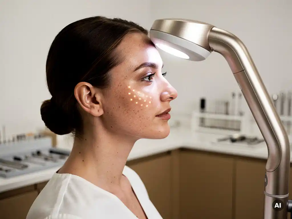 3D huidanalyseapparaat scant nauwkeurig het gezicht van een vrouw in een strakke, klinische studio met warme champagnetinten.