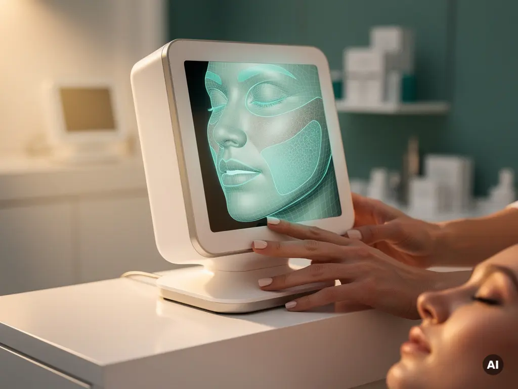 Huidanalyseapparaat projecteert gedetailleerde gezichtsscan boven de jukbeenderen van een cliënt in een medisch-esthetische kliniek.