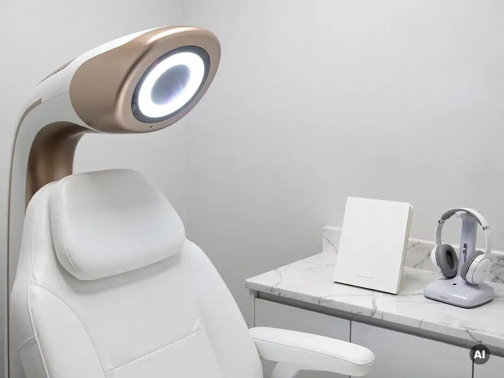 3D huidanalyseapparaat met gloeiende sensor boven behandelstoel in witte klinische ruimte, trainingshandleiding en headset op marmeren aanrecht.
