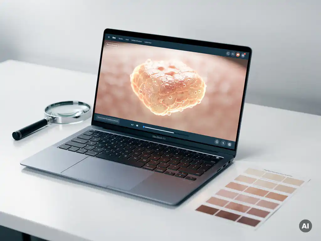 Laptop met 3D-huidanalysemodel op scherm, naast vergrotingsloup en kleurstalen op wit bureau.