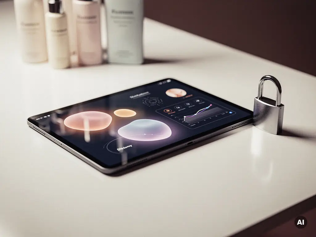 Tablet met huidanalyse-interface naast een klein slotje op wit oppervlak, met wazige skincare producten op de achtergrond.