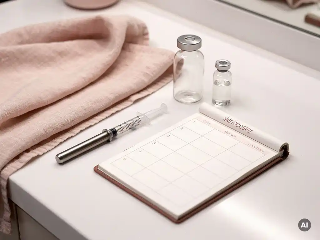 Esthetische behandelingstafel met skinbooster-spuit, glazen injectieflacon en open weekplanner op witte klinische toonbank.
