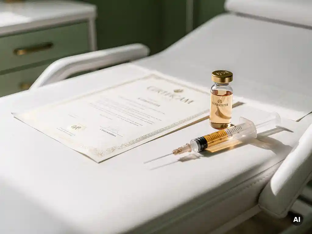 Professioneel skinbooster-diploma op witte behandeltafel met serumflesje en injectiespuit in zacht natuurlijk licht.