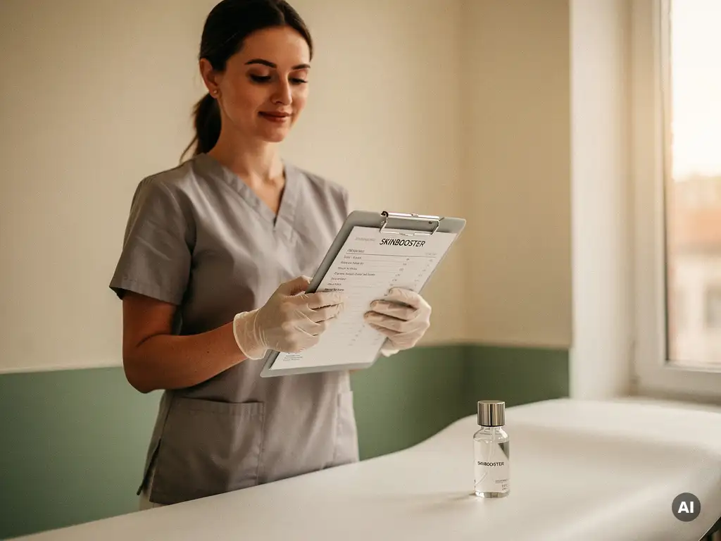 Esthetisch professional met handschoenen houdt klembord vast tijdens skinbooster consult, klein serumflesje op behandeltafel.