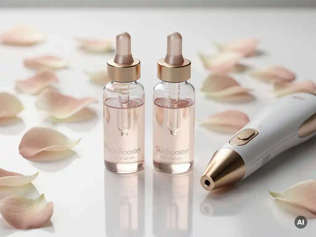 Twee glazen flacons skinbooster serum op wit klinisch oppervlak, omringd door zachte bloemblaadjes en een behandelingstool, champagnegoud en blush tinten.