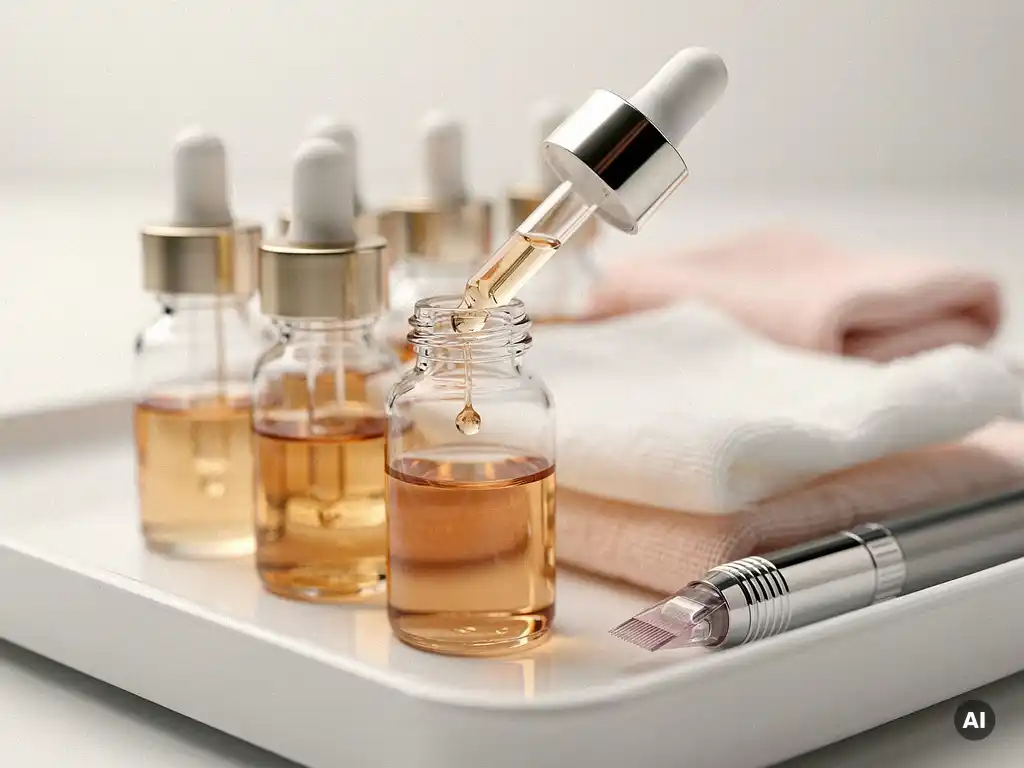 Glazen serumflesjes en druppelaar op wit klinisch dienblad, met microneedling pen, gaas en een vallende druppel serum.