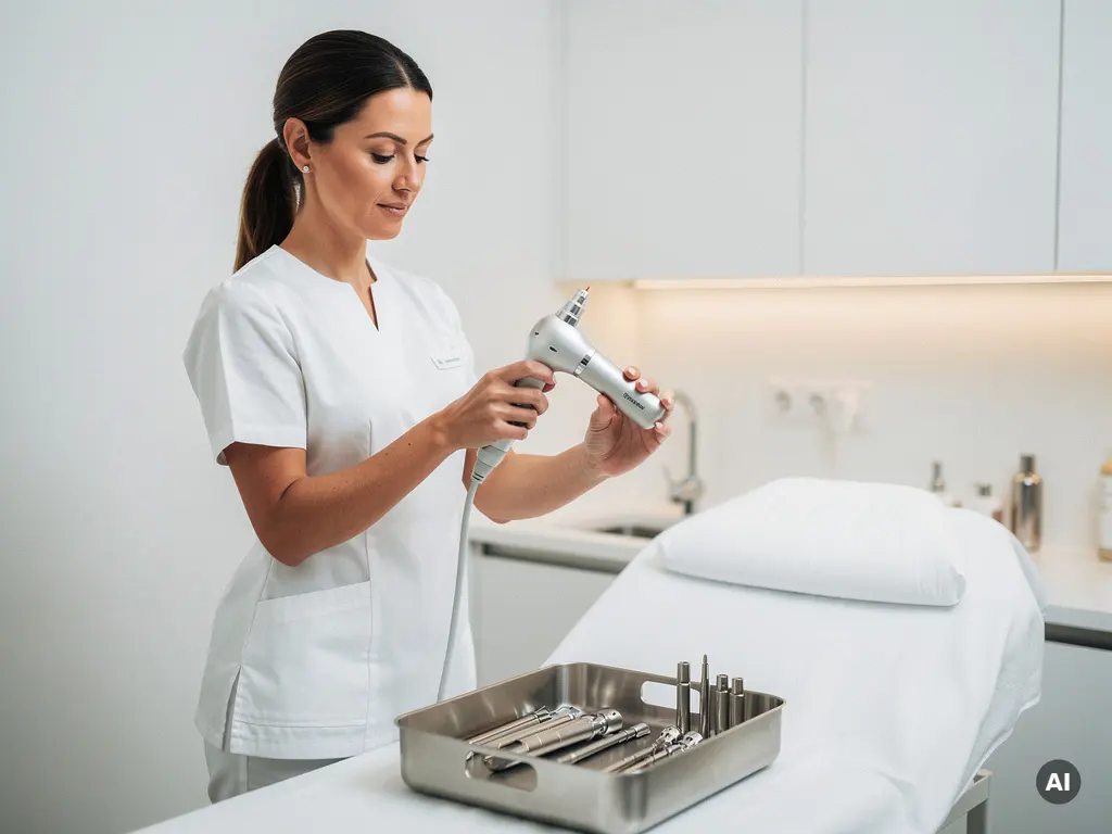 Gecertificeerde estheticus in witte klinische kleding met RF-microneedling handstuk boven behandelbed in moderne huidkliniek.