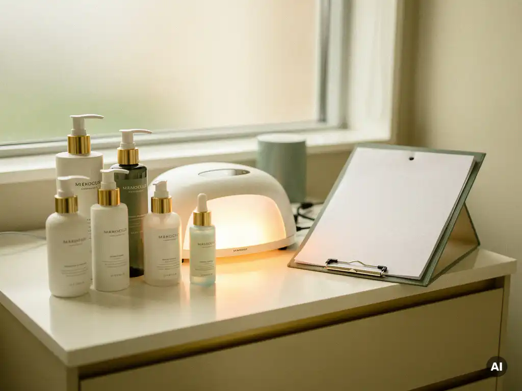 Cosmetische huidverzorgingsproducten naast een LED-therapieapparaat en open consultatiemap in een stijlvolle behandelkamer.