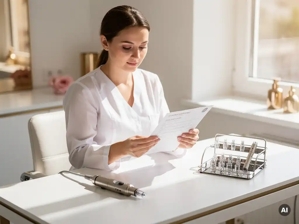 Huidtherapeut bekijkt intake-formulier aan wit bureau met microneedling-pen op steriel dienblad in klinische behandelruimte.
