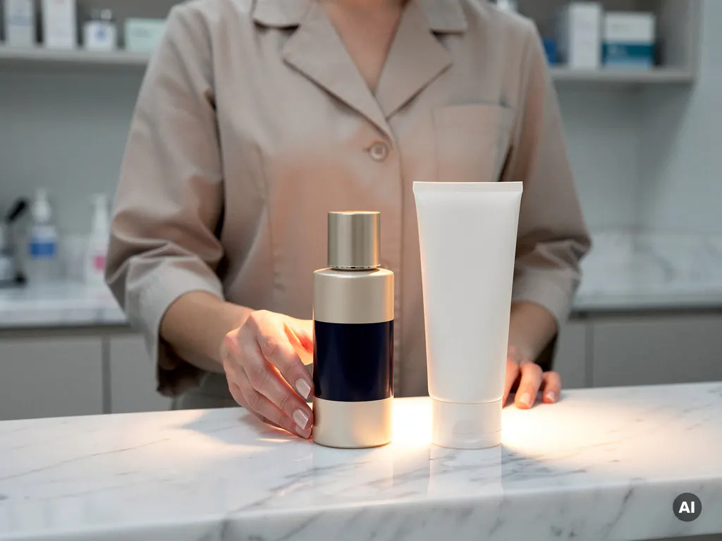 Huidverzorgingsprofessional plaatst luxe cosmetisch serum naast een eenvoudige dagcrème op een wit marmeren behandeltafel.