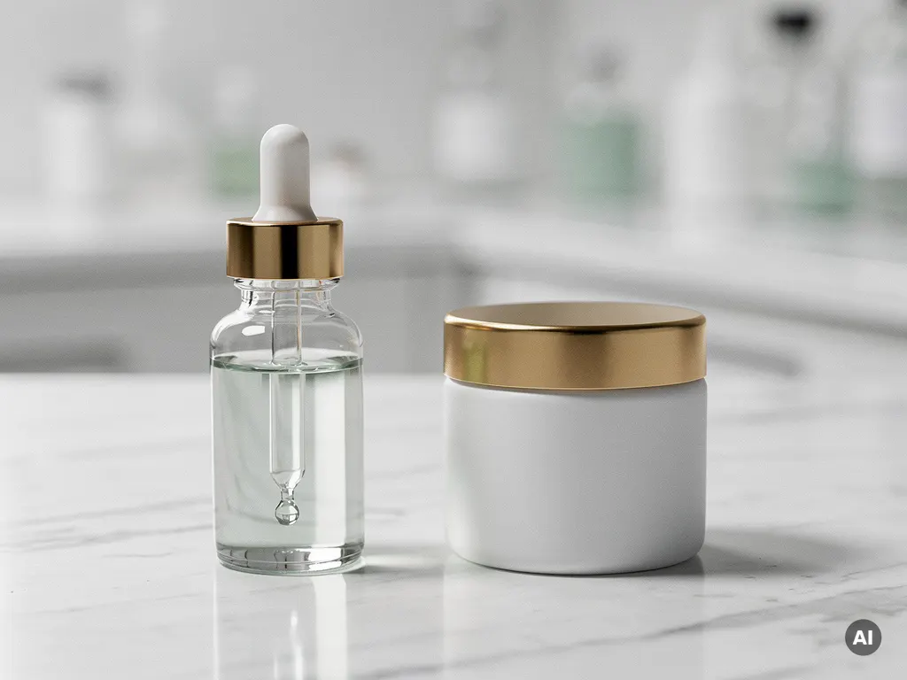 Cosmetisch serum met pipet naast een moisturizer pot op wit marmeren aanrechtblad, studioverlichting.