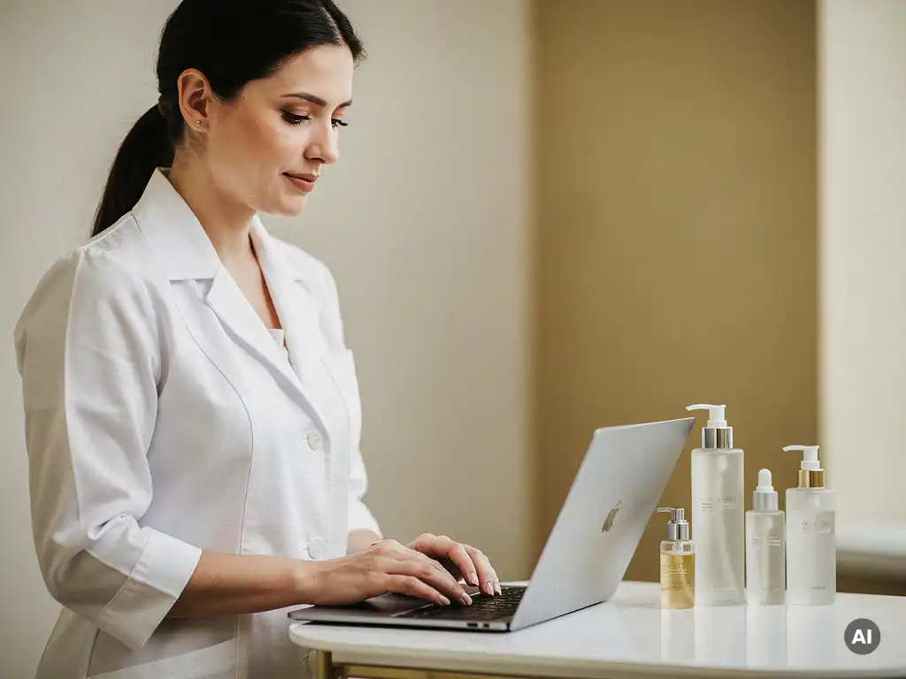 Huidverzorgingsprofessional in witte klinische jas achter laptop op behandeltafel, omringd door cosmetische producten in moderne praktijk.