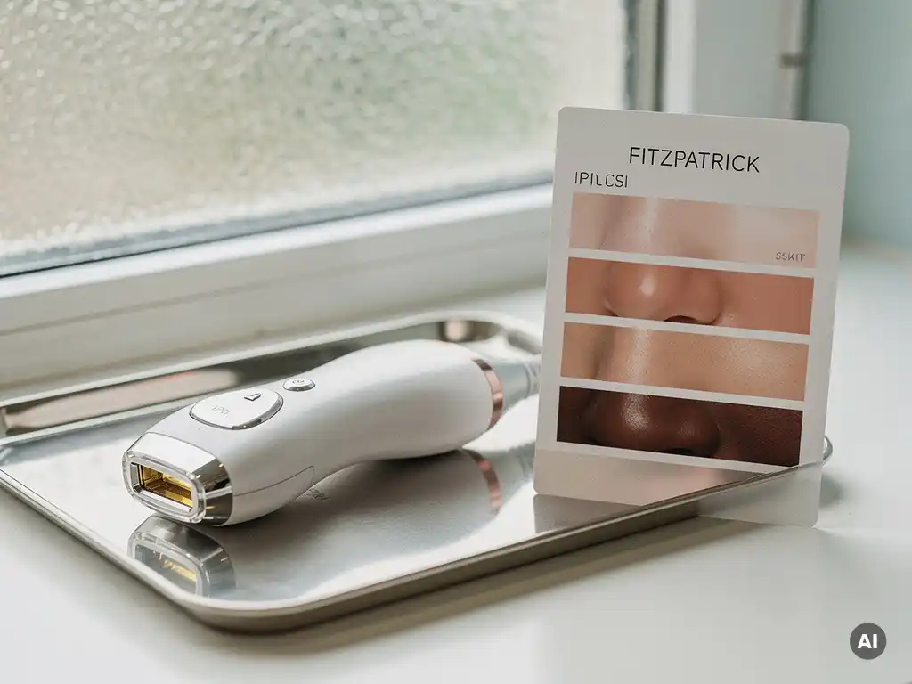 IPL-handstuk op klinische dienblad naast Fitzpatrick huidtoonkaart met gradient van licht naar donker, zacht daglicht.