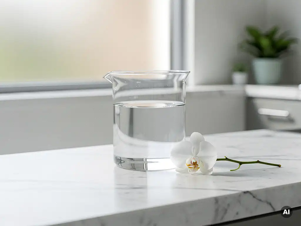 Glazen maatbeker met helder water op wit marmeren aanrecht naast een witte orchidee in een klinische omgeving.