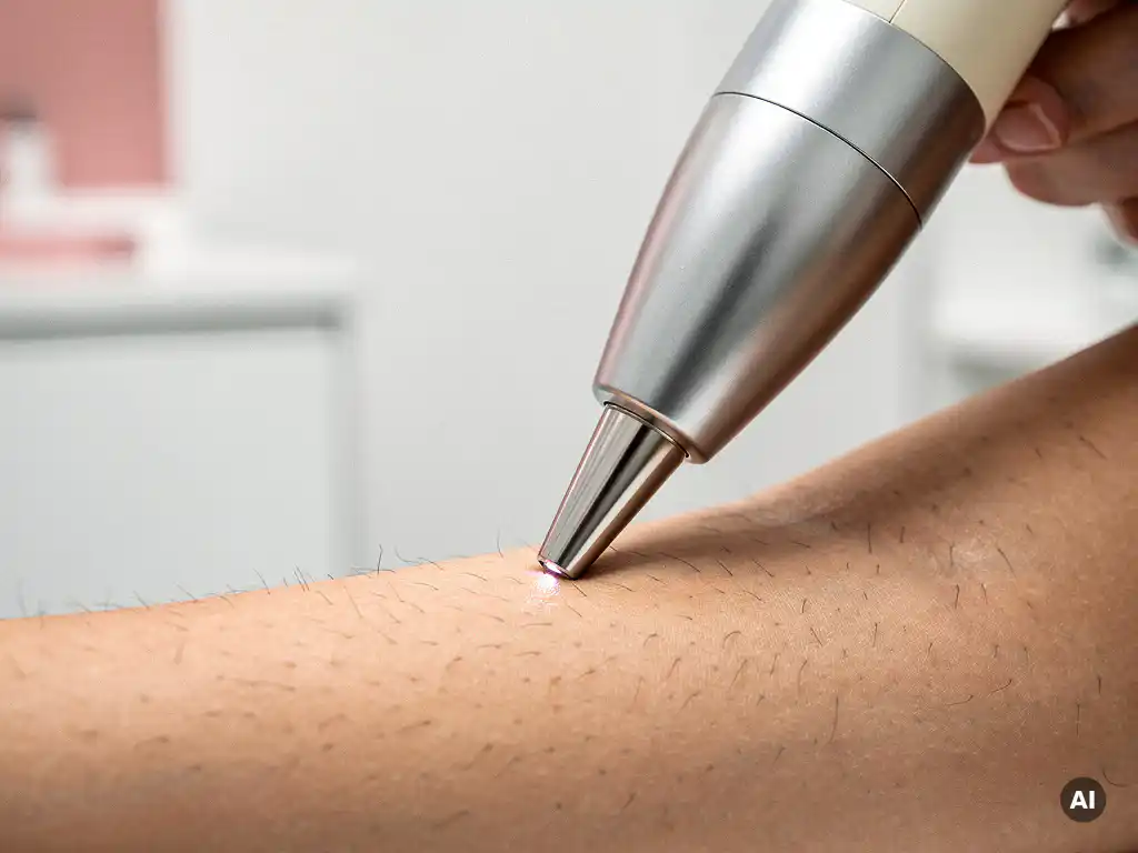 Professionele laserhandpiece boven onderarmhuid tijdens cosmetische laserbehandeling in witte klinische behandelkamer.