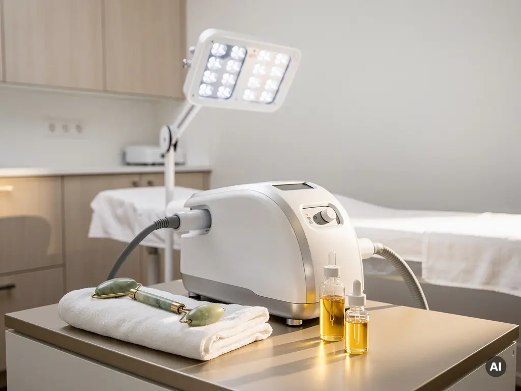 Medische laserbehandeling apparaat in moderne esthetische kliniek met jade roller, serum en LED-paneel op de achtergrond.