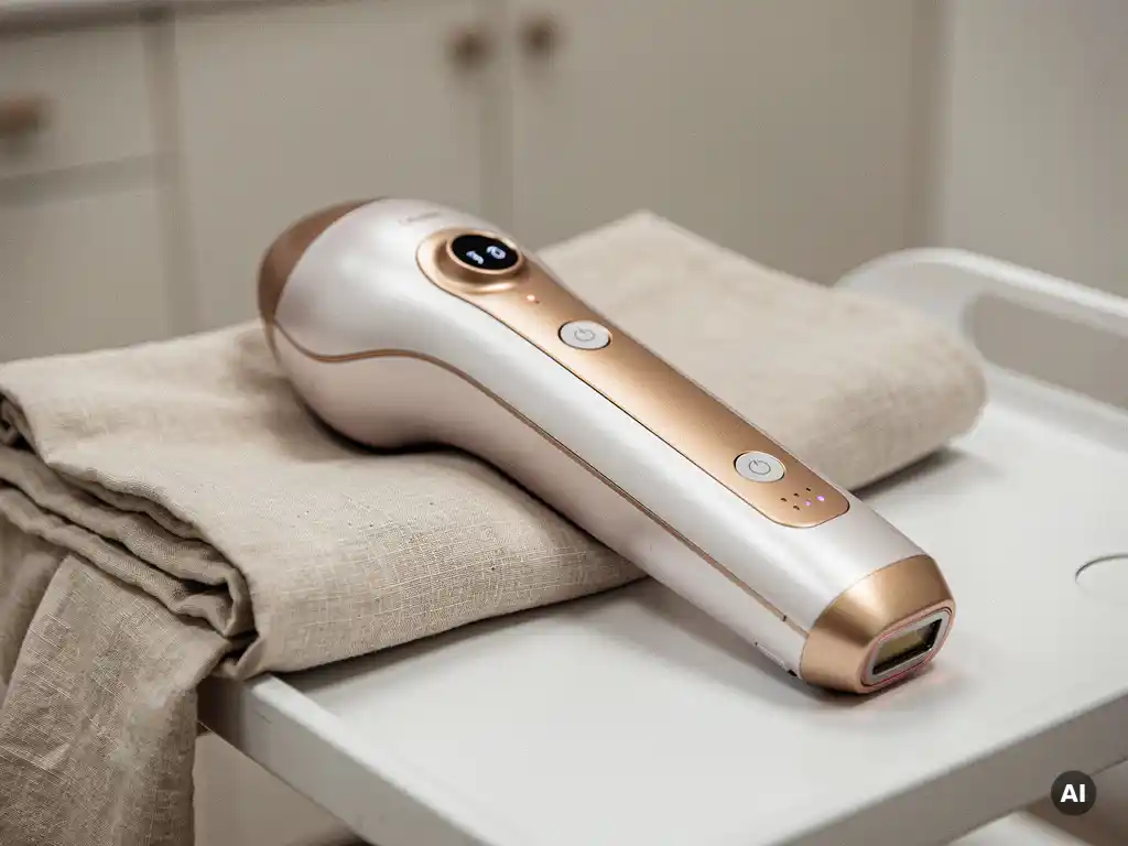 Gecombineerde laser-IPL handstuk op wit behandelingsblad in moderne klinische studio, parel wit en champagnegoud design.
