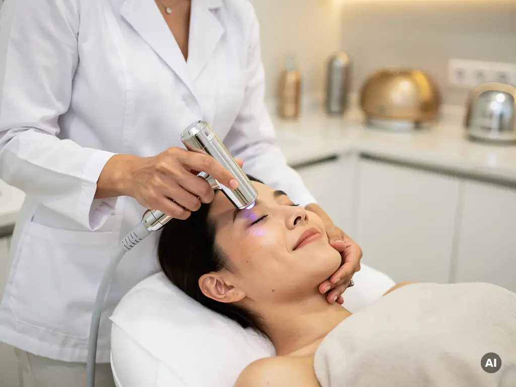 Huidtherapeut in witte jas die laserhandstuk positioneert boven onderarm van cliënt tijdens laserbehande­ling in moderne kliniek.