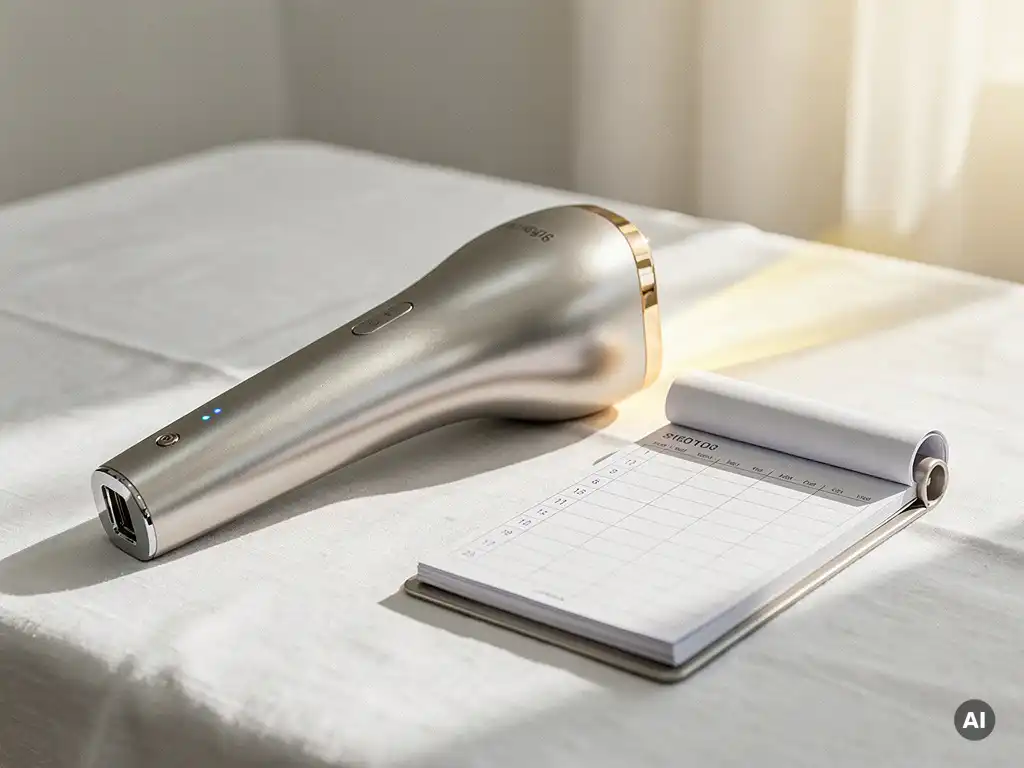 Laserhandstuk voor ontharing op witte behandeltafel naast een afsprakenplanner, warme gouden belichting in medische spa-omgeving.
