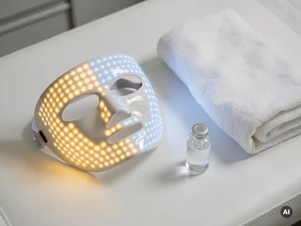 Professioneel LED-gezichtsmasker met amber en blauw licht op witte behandeltafel, naast gevouwen handdoek en glazen skincare-ampul.
