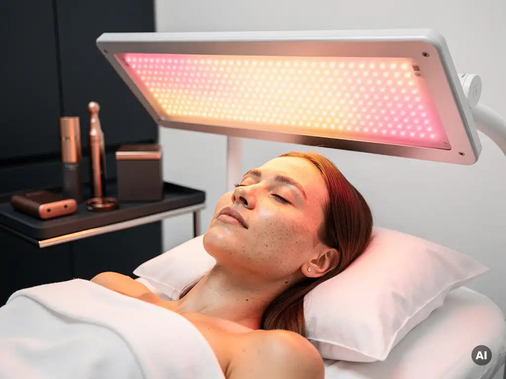 Cliënt ontspannen op behandelbed onder roségouden LED-lichttherapiepaneel in strakke witte klinische ruimte.