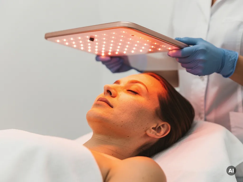 LED-lichttherapiepaneel met rozé en amber licht boven het gezicht van een ontspannen cliënt tijdens een huidbehandeling.