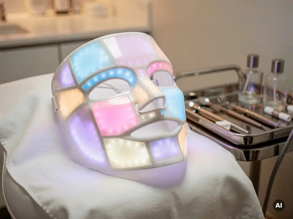 LED-gezichtsmasker met iriserende lichtpanelen op witte behandeltafel in moderne esthetische kliniek.