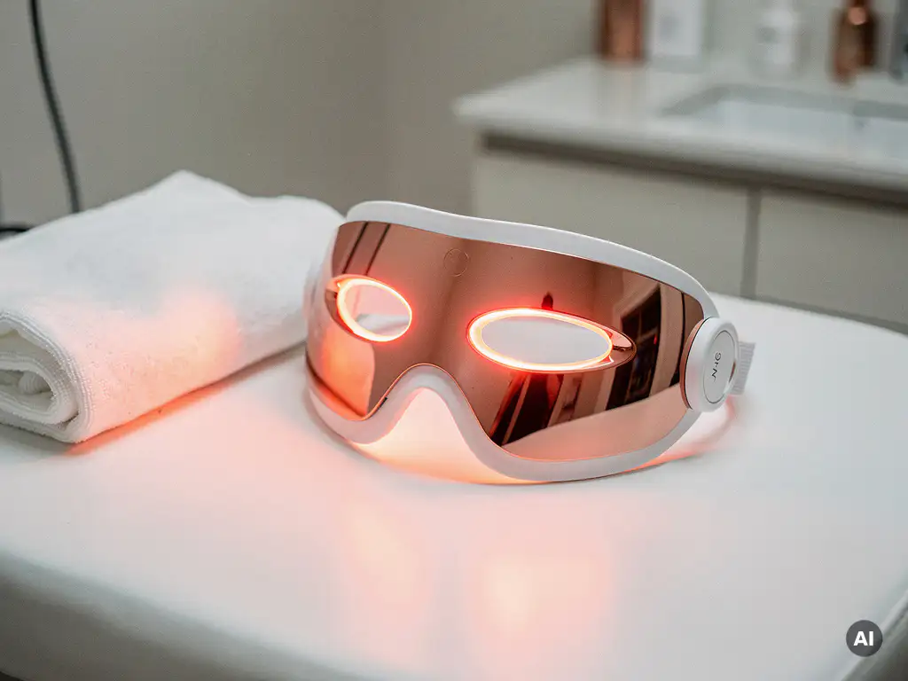 LED-gezichtsmasker met rood en nabij-infrarood licht op witte behandeltafel in professionele huidtherapiestudio.