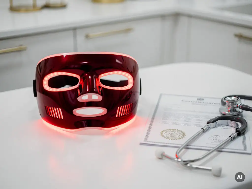 LED-gezichtsmasker met rood en nabij-infrarood licht op witte behandeltafel naast certificeringsdocument en stethoscoop.