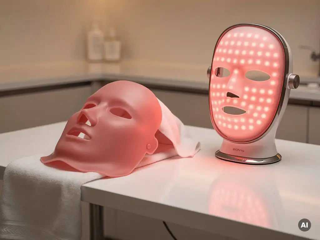 Flexibel siliconen LED-gezichtsmasker naast een rigide LED-apparaat op een witte behandeltafel, beide met rood en nabij-infrarood licht.