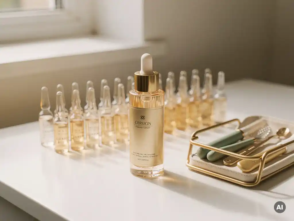 Luxe seroumflesje op witte klinische toonbank, omringd door cosmedische ampullen en een gezichtsbehandelingsdienblad in crème en champagnegoud tinten.