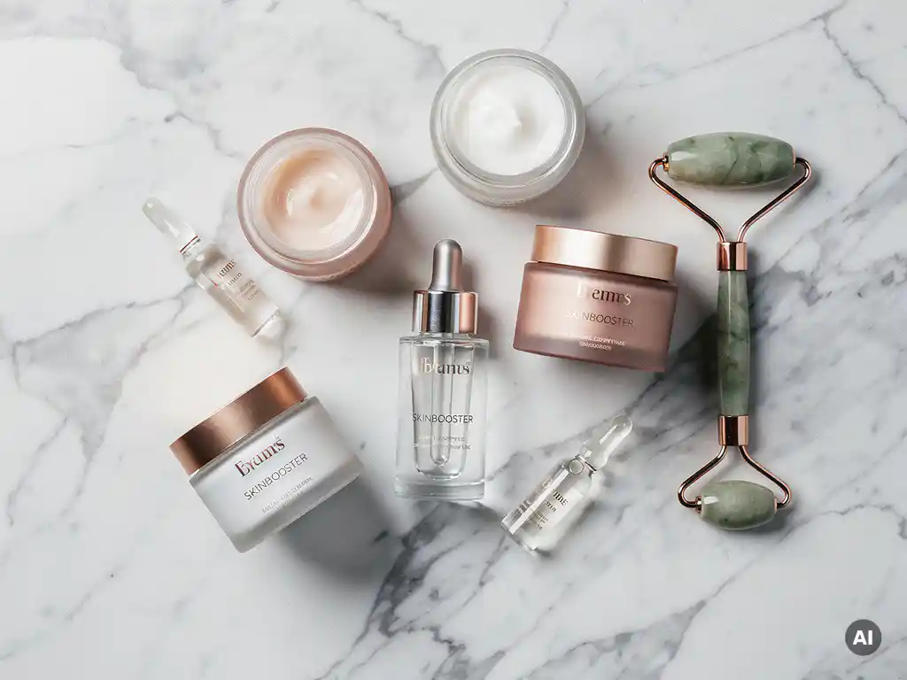 Glazen skinbooster-serum ampul omringd door luxe cosmetische crèmepotten en een jade gezichtsroller op wit marmer.