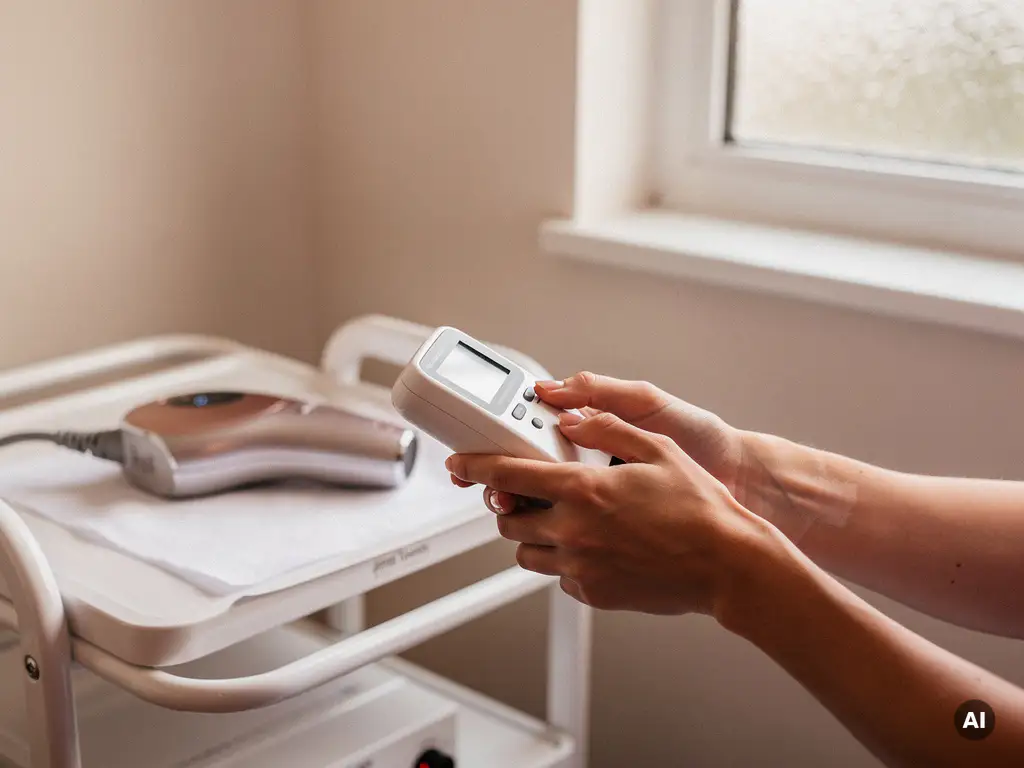 Melaninmeter tegen blote onderarm in klinische behandelruimte, met laserhandstuk op witte tray op de achtergrond.