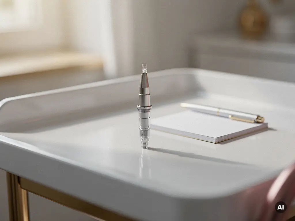 Steriele microneedling cartridge op een witte behandelingstafel met notitieblok en pen, zachte natuurlijke belichting.