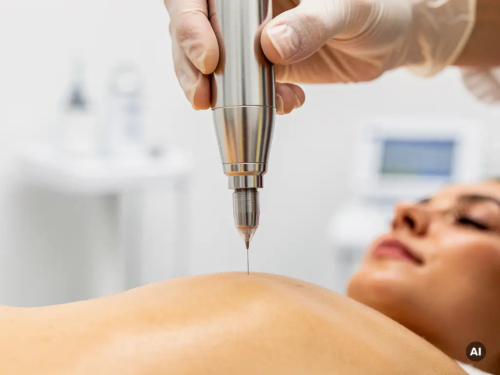 Microneedling pen met fijne naaldtip boven gladde huid in steriele behandelkamer, klinische belichting op metalen apparaat.