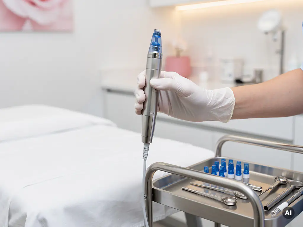 Gehandschoende hand houdt een professionele microneedling pen met steriel blauw wegwerptipje boven een behandelbed in een klinische studio.